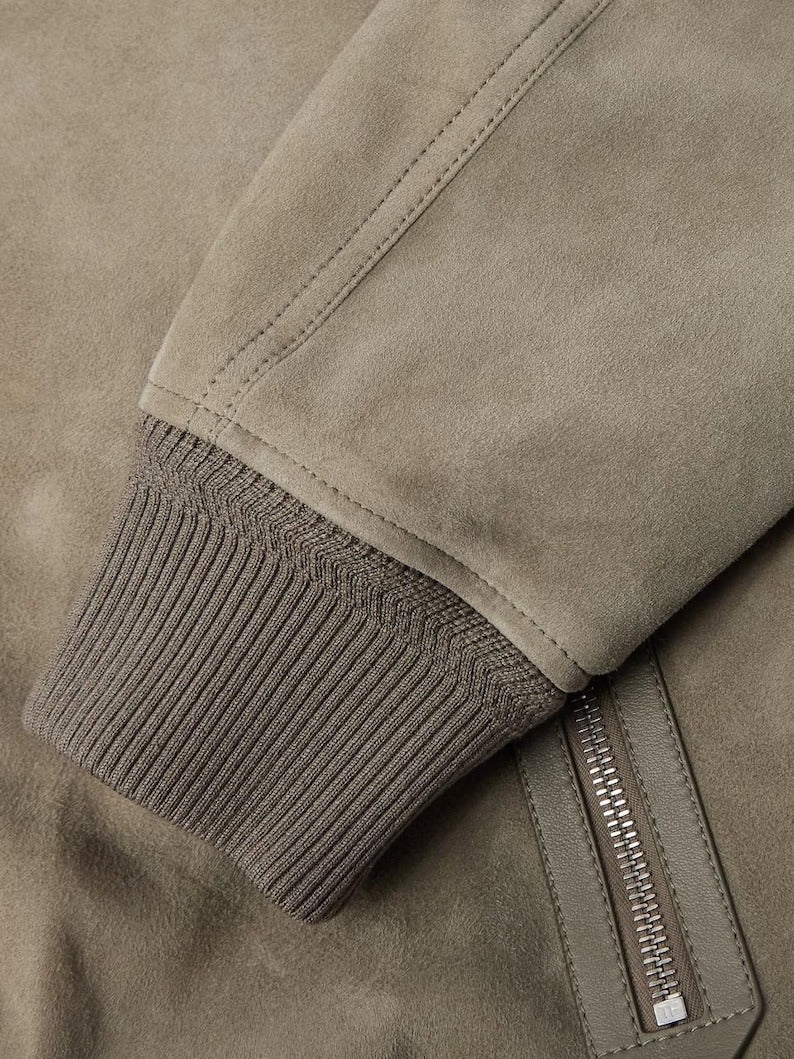 Men’s Beige Suede Bomber Jacket with Zip Pockets